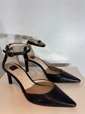 Louise et Cie Black Leather Ankle Strap Pumps Pointed Toe Heels 7.5
